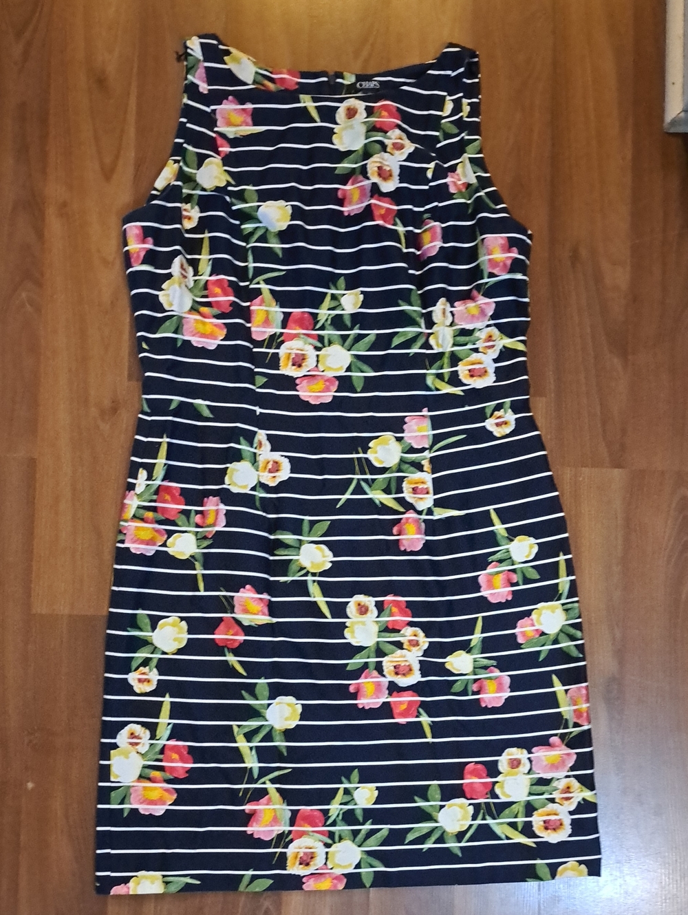 Chaps Navy Striped Midi Dress with Floral Accents